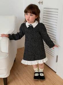 DAZY Infant/Toddler (Girl) Contrast Color Patchwork Short Sleeve Dress With Collar - Grey - View 4