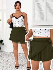 SHEIN Frenchy Plus Size French Lace Patchwork Tie Skort For Vacation - Olive Green - View 9