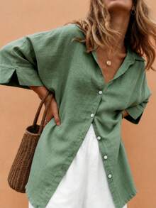 EMERY ROSE Plus-Size Women's Spring/Summer Casual, Simple, And Versatile Resort-Style Khaki Solid-Color Loose-Fit Drop-Shoulder Collared Shirt-Perfect For Spring And Summer - Green - View 4