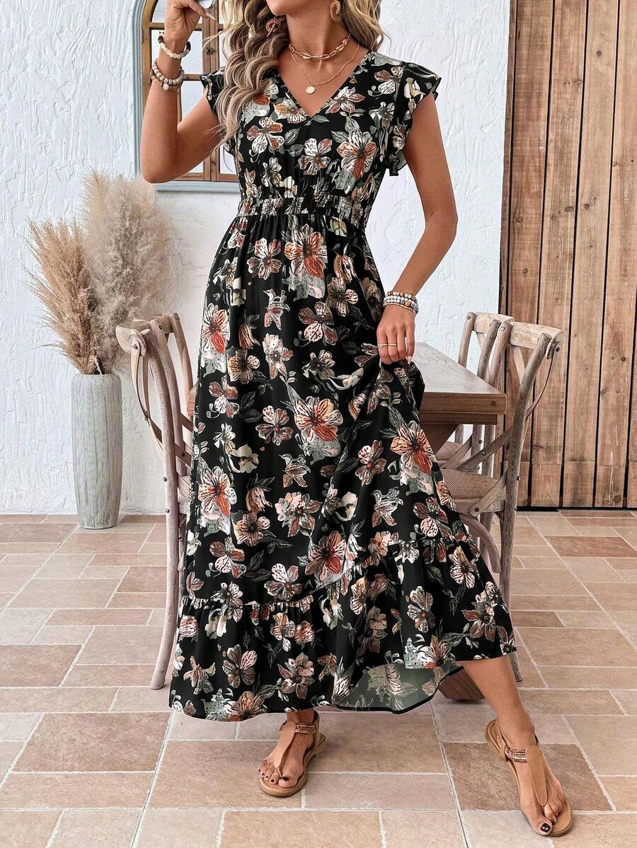 SHEIN LUNE 大尺碼女款V領花卉印花休閒派對洋裝 - 彩色 - 查看 1