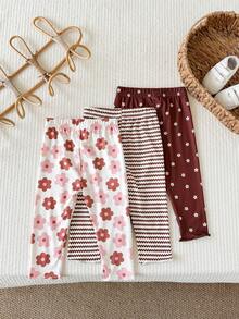SHEIN Playful Pals 3件組幼童女童內搭褲褲子 可愛棕色粉色白色花朵條紋荷葉邊 常規款 生日派對 秋季 公主風 甜美舒適 芭蕾復古風 - 彩色 - 查看 6