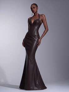 Elitara Elegant Fashionable Coffee Brown Faux Leather Halter Neck Corset Mermaid Dress Backless Bodycon Sweetheart Floor Length Prom Wedding Formal Gown - Coffee Brown - View 4