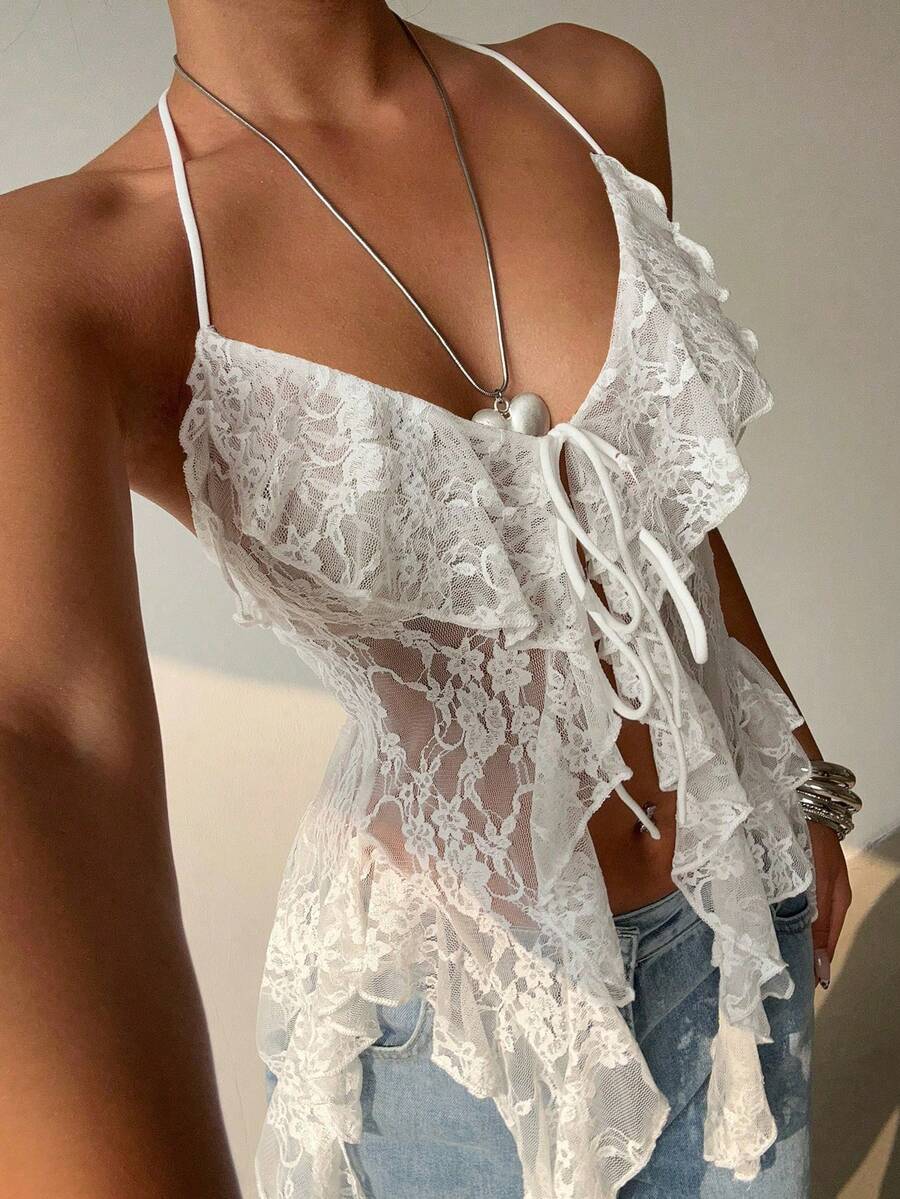 Aloruh 女款優雅白色蕾絲透視背心,修身長緞帶設計不對稱下擺夏季上衣,適合夜店、音樂節、婚禮與派對 - 白色 - 查看 1