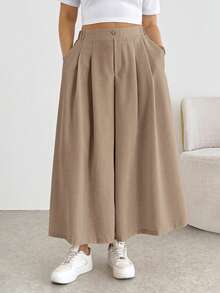 Shapeblank Plus Size Fashion Button Pocket Pleated Loose Wide Leg Pants Fall - Camel - View 3