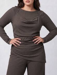 Solavibe Plus Size Women Ruched Asymmetric Hem Long Sleeve Halter Neck T-Shirt Pants Elegant 2 Pieces Set Fall Brunch Party Evening Office Dinner Brown - Brown - View 4