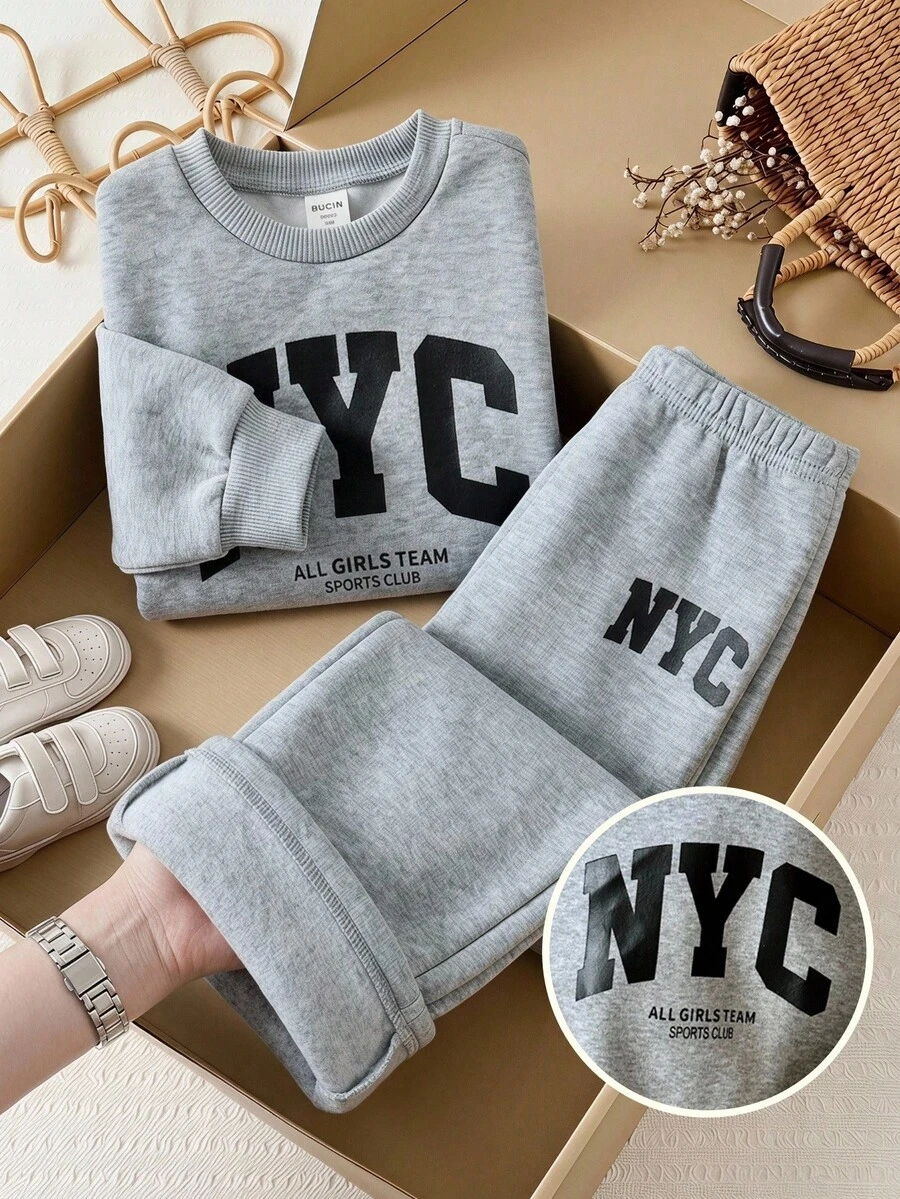 SHEIN Baby Girl Letter Print Sweatshirt And Sweatpants Set - Light Grey - View 1