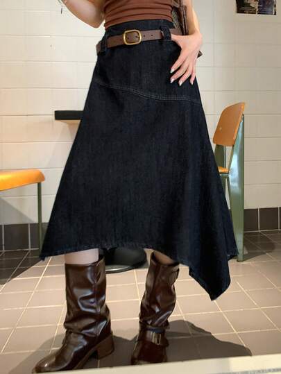 Livesso Women's Fashion Versatile Asymmetrical Hem Denim Skirt