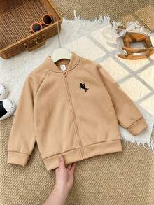 SHEIN 兒童小男孩休閒日常印花夾克，適合秋冬穿著 - 卡其色 - 查看 2