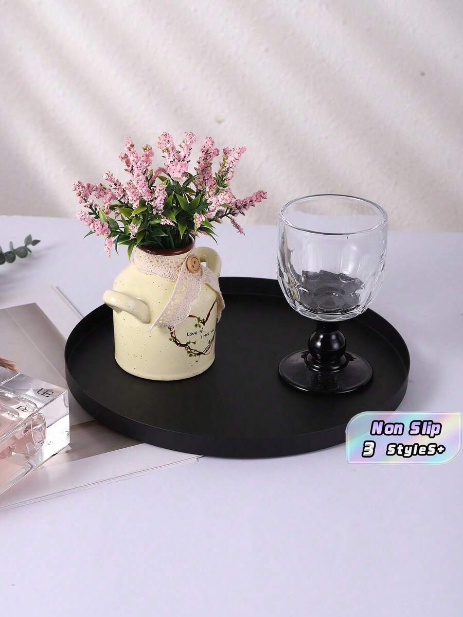 1PC Standard Size Black Metal Durable Rustproof Non Slip Scratch Resistant Easy Clean Round Serving Tray Storage Organizer Plant Pot Base Candle Holder For Home Office Kitchen Tabletop Desk Decoration Housewarming Gift - Black - View 1