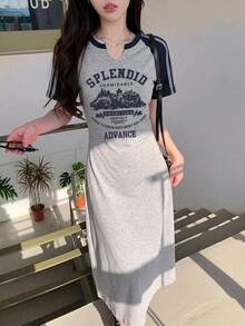 DAZY 女士Y2K休闲时尚街头日常通勤字母印花撞色条纹侧边收腰短袖连衣裙夏季连衣裙 - 灰色 - 查看 4