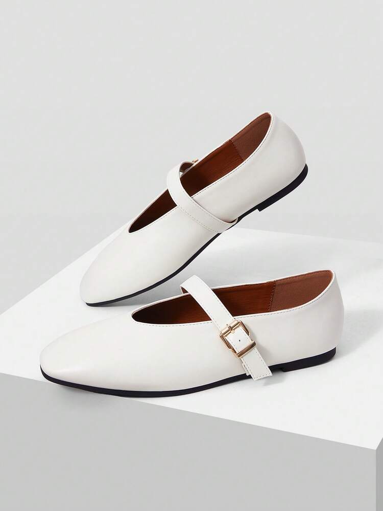 MOTF PREMIUM WOMEN'S CASUAL VERSATILE MARY JANE SQUARE TOE FLAT SHOES, COMFORTABLE FOR COMMUTING SPRING SHOES - Off-white PU - View 3
