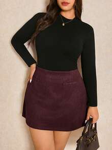 Elaquor Plus Size Elegant Commuter Solid Color Skirt Fall - Burgundy - View 5