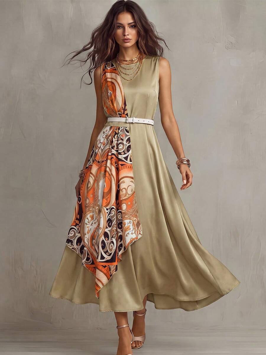 Franclia Summer Casual Vintage Style Sleeveless Round Neck Cinched Waist Dress, Elegant Prints Design - Khaki - View 1