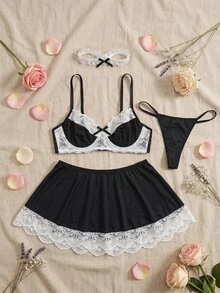 Dansine 4pcs Women Sexy Maid Cosplay Costume Set - Black and White - View 5