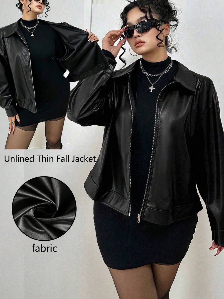 POPSWAY Plus Size Zip Up Solid PU Leather Collar Jacket, Long Sleeve, For Winter Fall Cloth For Women Autumn - Black - View 1