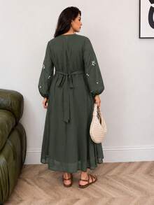 Solavon Plus Size Embroidered Fashion Vacation Dress, Pastoral Style, Versatile Green - Army Green - View 2