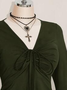 SHEIN ICON 女款大尺碼性感辣妹復古Y2K抓皺胸部喇叭袖黑色洋裝 秋季 - 軍綠色 - 查看 8