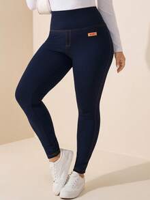Comfylo Plus Size Women's Letter Print Denim High Waist Casual Leggings - Blue - View 1