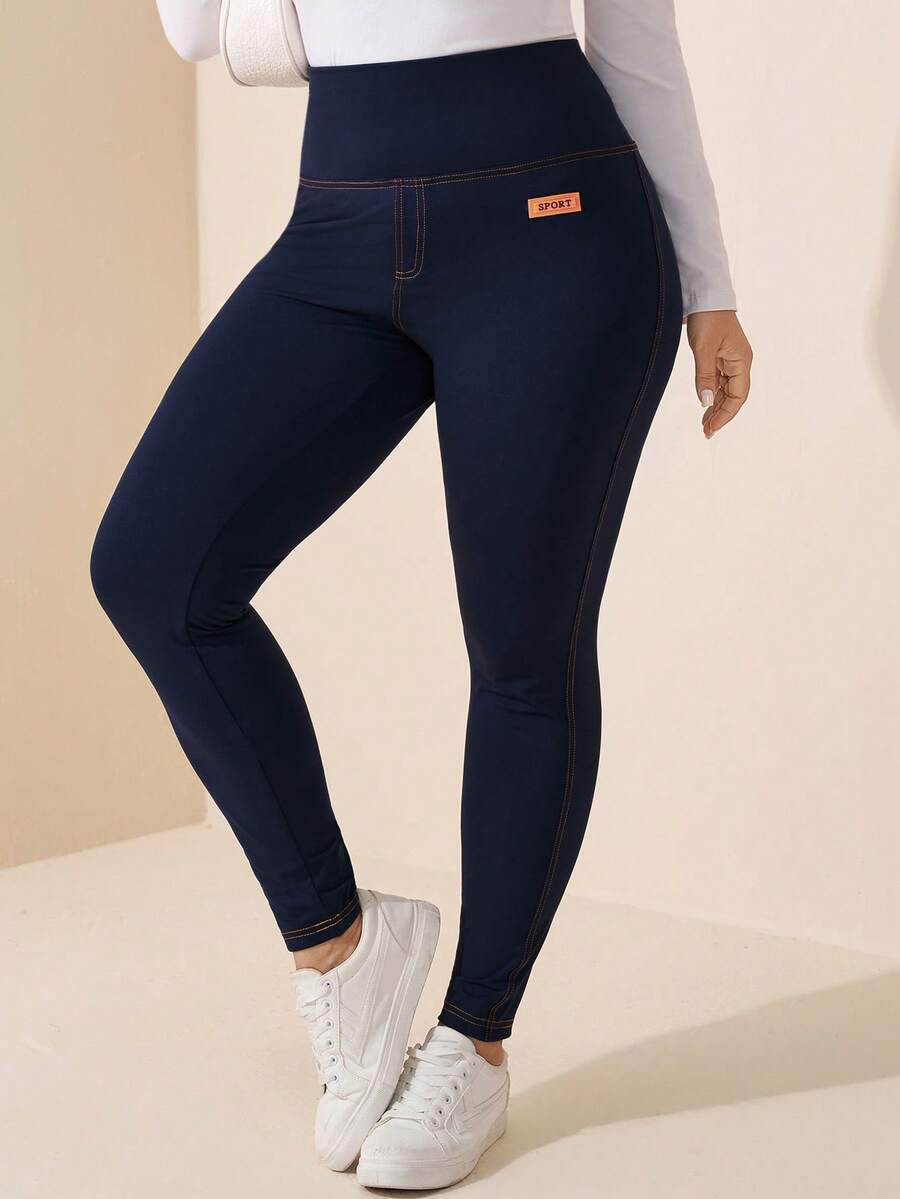 Comfylo Plus Size Women's Letter Print Denim High Waist Casual Leggings - Blue - View 1