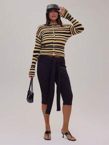 MUSERA Plus Size Black Tie Detail Capri Pants Winter Fall Going Out Womens Outfit - Black - View 1