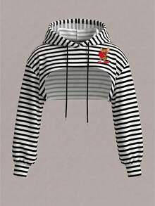 TOM & JERRY X SHEIN SHEIN EZwear 大尺碼女款抽繩連帽條紋卡通印花長袖運動衫 - 彩色 - 查看 1