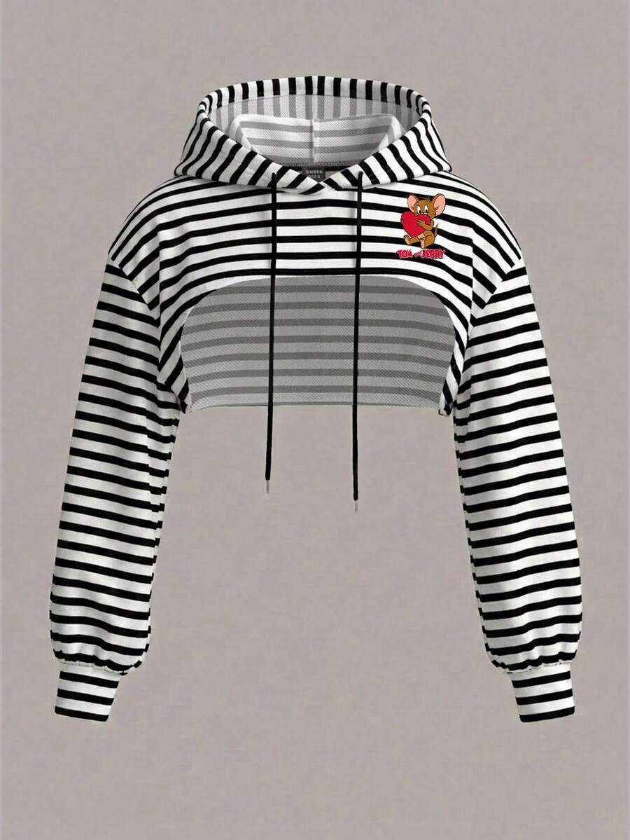 TOM & JERRY X SHEIN SHEIN EZwear 大尺碼女款抽繩連帽條紋卡通印花長袖運動衫 - 彩色 - 查看 1