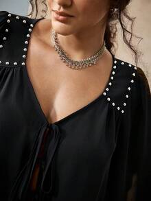 SHEIN LUNE Plus Size Women's Studded Decor Casual Boho Elegant Daily Wear Shirt Brunch Date Night Black Summer Formal Vacation - Black - View 4