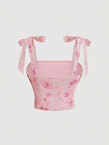 SHEIN MOD 夏季浪漫花卉印花綁肩背心 - 粉色 - 查看 2
