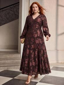 MOTF PREMIUM WOMEN'S PLUS SIZE JACQUARD FLARE HEM BOHEMIAN STYLE DRESS FALL - Coffee Brown - View 3