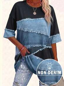EMERY ROSE Patchwork Pattern Plaid Crew-Neck Short-Sleeved Casual Plus Size T-Shirt, Spring - Multicolor - View 4