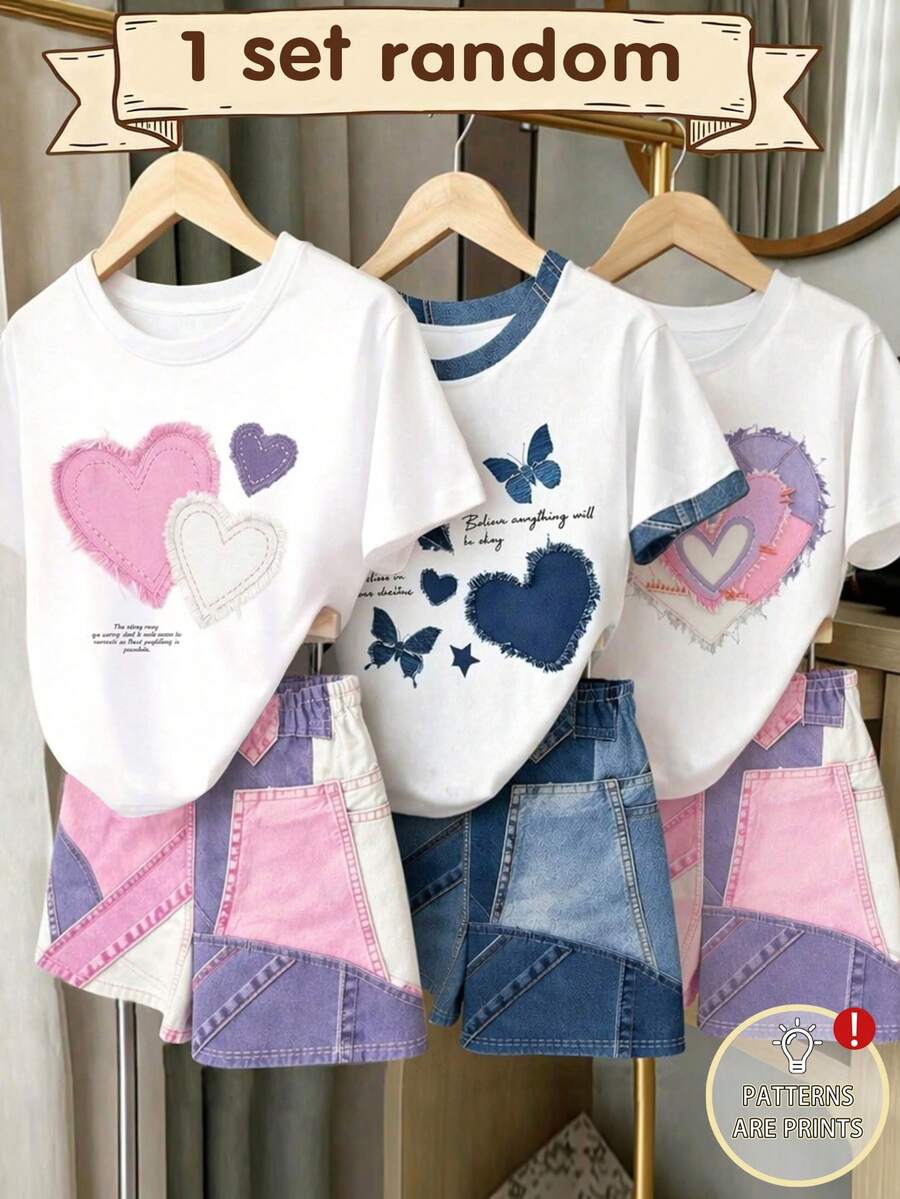 Set Random 1 套夏季秋季休閒時尚女童簡約丹寧效果印花短袖T恤美式復古愛心星星印花設計T恤短褲2件套個性百搭套裝適合8Y-12Y女童四季穿著 - 白色 - 查看 1