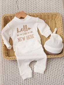 SHEIN HELLO 字母刺绣新生儿摄影服装 - 男婴/女婴上衣、裤子、帽子 3 件套，1 个月至 100 天大工作室摄影道具 - 白色 - 查看 4
