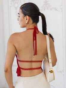 Andrea Bello Women's Adjustable Tie Strap Ruched Layered Semi-Sheer Romantic Date Cropped Top, Concert Summer Holiday Valentine's Day Casual - Red - View 3