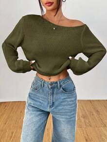 SHEIN PETITE 女款橄欖綠長袖套頭毛衣 可披肩穿著 早午餐秋季休閒風 - 軍綠色 - 查看 4