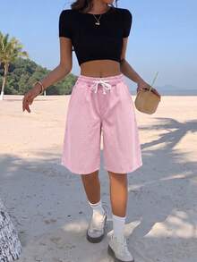 SHEIN Teen Girls Deep Blue Denim Loose Shorts - Pink - View 5
