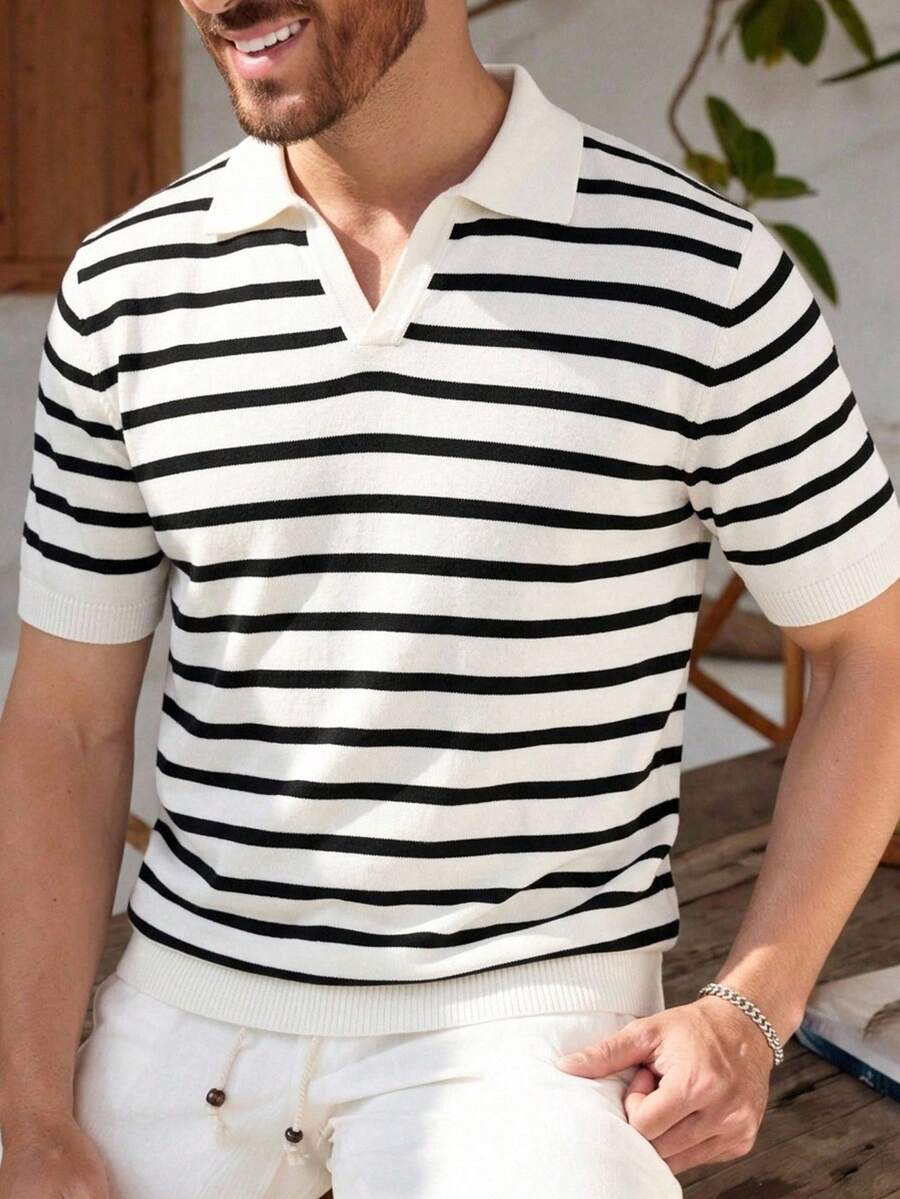 Manfinity Homme 男士條紋短袖針織上衣,適合假期節慶、秋季街頭穿搭與冬季 - 黑與白 - 查看 1