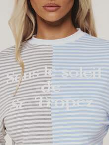 MUSERA Contrast Colour Striped Graphic Logo Long Sleeve Top Winter Casual Day Outfit Cool  White Womens Top - Multicolor - View 6