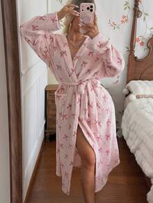 CottageSlumber Women's Autumn/Winter Ins Style Cute Bow Print Plush Pink Long Sleeve Loungewear Robe - Baby Pink - View 3
