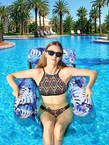 Tropical Leaf Print Inflatable Pool Floating Lounge Chair, Adult Water Hammock Float With Headrest & Armrests, Ideal For Summer Pool Parties, Beach And Lake Relaxation - Model - View 5