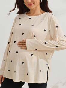 SHEIN Plus Size Maternity Long Sleeve Round Neck Loose Fit Split Hem Digital Print T-Shirt Gender Reveal Autumn Fall Fashion Week Photoshoot Black - Apricot - View 6