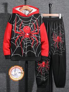 SHEIN 兒童 2 件組 青少年男孩 紅黑蜘蛛與超級英雄圖案長袖連帽衛衣套裝 秋季 - 彩色 - 查看 7