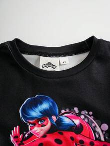 Miraculous Ladybug X SHEIN Young Girls Minimalist Printed Round Neck Short Sleeve Top And Pants Pajama Set - Black - View 3