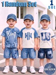 1 Random Set , Series Pattern Printed Casual Fashion Crew Neck Short Sleeve T-Shirt With Shorts, School Clothes Suitable For Daily Wear - Multicolor - View 3