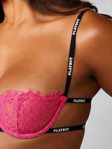 Missguided x Playboy 亮粉色蕾丝文胸内裤套装，饰有黑色品牌标识织带，内衣系列 - 粉色 - 查看 4
