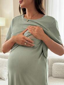 Slowluna Maternity Solid Color Nursing Function Casual Daily Wear Dress - Green - View 5