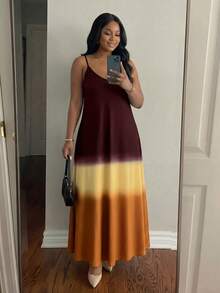SHEIN Lady Plus Size Versatile Burgundy Colorblock Cami Dress Beach Vacation Summer - Brown - View 4
