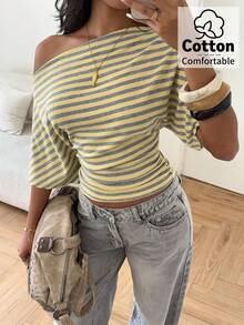 Aloruh Women's Striped Asymmetrical Shoulder Loose Top With Ruched Waist, Simple Basic T-Shirt - Pale Yellow - View 7