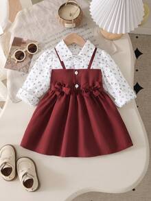 SHEIN Playful Pals 酒紅色碎花 2 合 1 女嬰洋裝，秋季新款甜美公主風洋裝，翻領、泡泡袖、蝴蝶結設計，時尚女嬰洋裝 - 酒紅色 - 查看 5