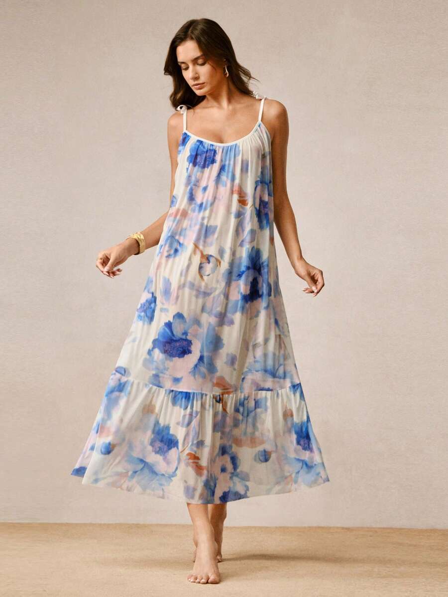 Hourtrue Camisola de Malha de Verão Vestido Feminino Sexy Decote Nas Costas Alças Finas Camisola Longa Conjunto de Robe e Pijama com Renda - Azul - Visão 1