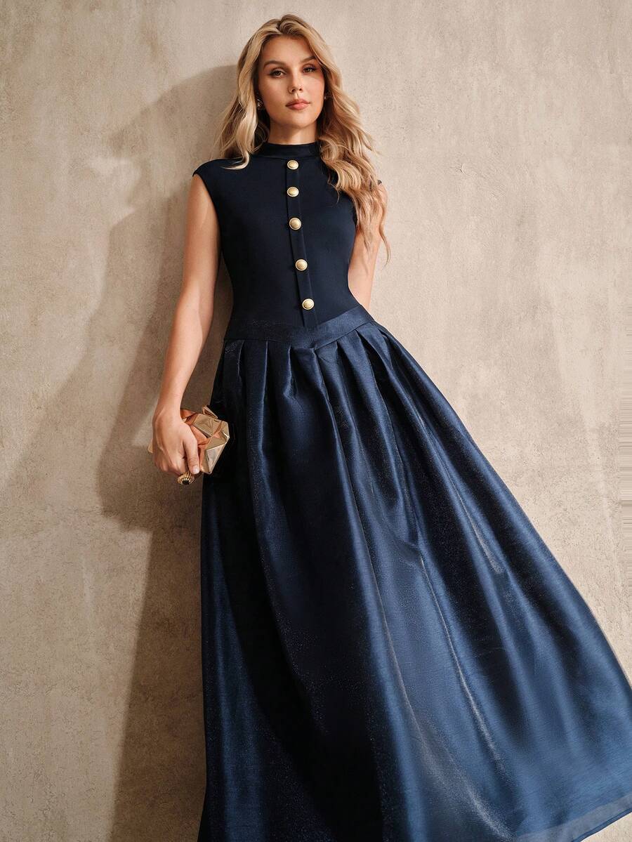 Anewsta Women's Navy Blue And Gold And Elegant Elegant Patchwork A-Line Dress Dinner Cocktail Summer - Navy Blue - View 1